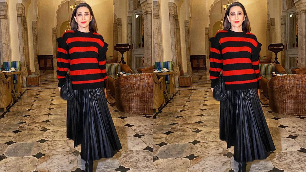 Karisma Kapoor in pleated skirt and pullover 