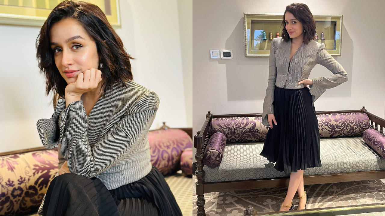 Shraddha Kapoor in blazer and black pleated skirt 