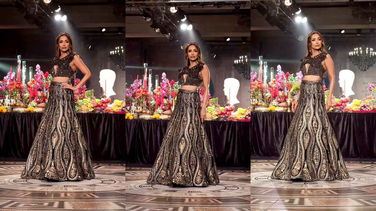 India Couture Week 2024: Malaika Arora owns the ramp in a statement-worthy glittery black lehenga (PC: APH Images)