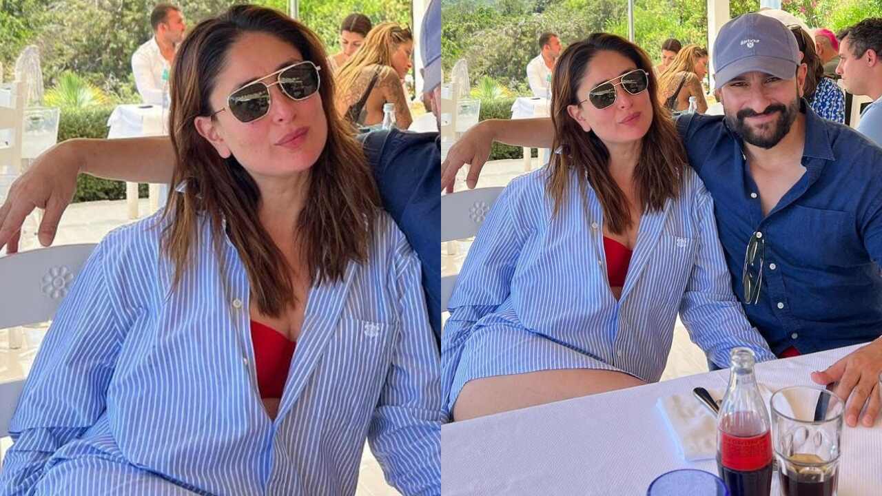 Kareena’s red bikini layered with oversized shirt (PC: Kareena Kapoor Khan Instagram)