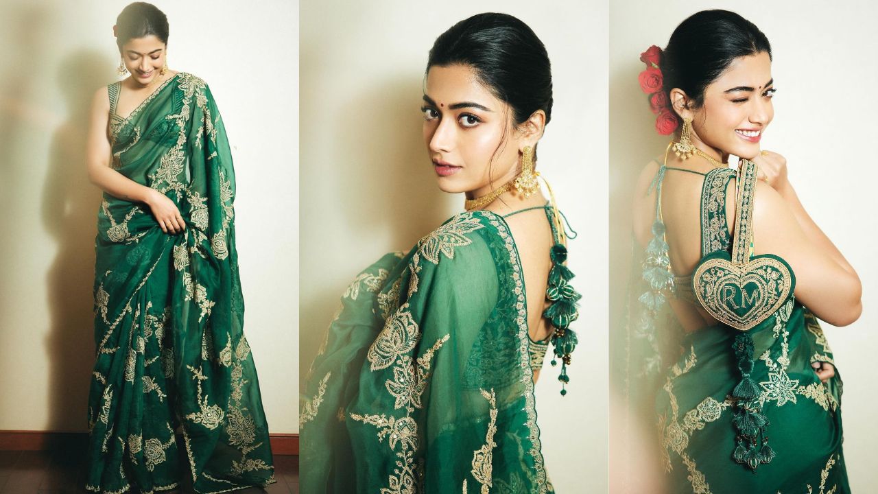  Rashmika Mandanna wears green saree organza saree with strappy blouse (PC:  Rashmika Mandanna Instagram)