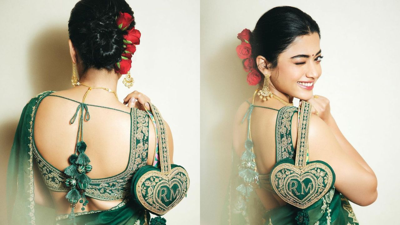  Rashmika Mandanna wears green saree organza saree with strappy blouse (PC:  Rashmika Mandanna Instagram)