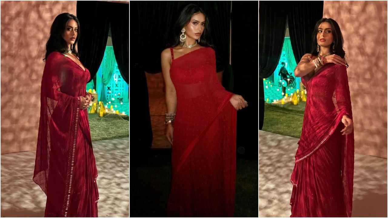 Nysa Devgan’s embellished red Arpita Mehta saree is ideal wedding guest pick for Gen-Z fashionistas (PC: Radhika Mehra Instagram)