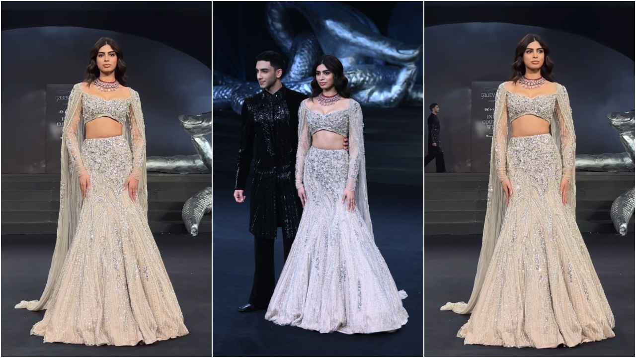 India Couture Week 2024: Khushi Kapoor turns showstopper in shimmery embroidered lehenga with sheer cape (PC: APH Images)