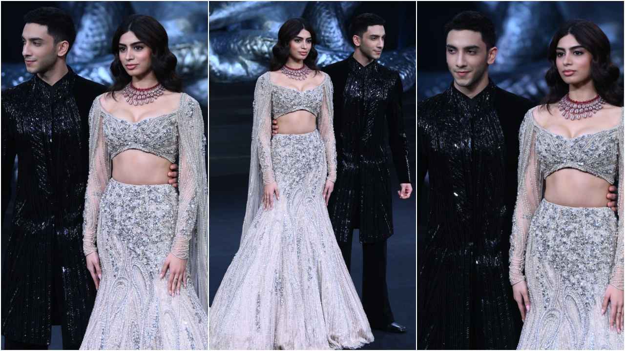 India Couture Week 2024: Khushi Kapoor turns showstopper in shimmery embroidered lehenga with sheer cape (PC: APH Images)