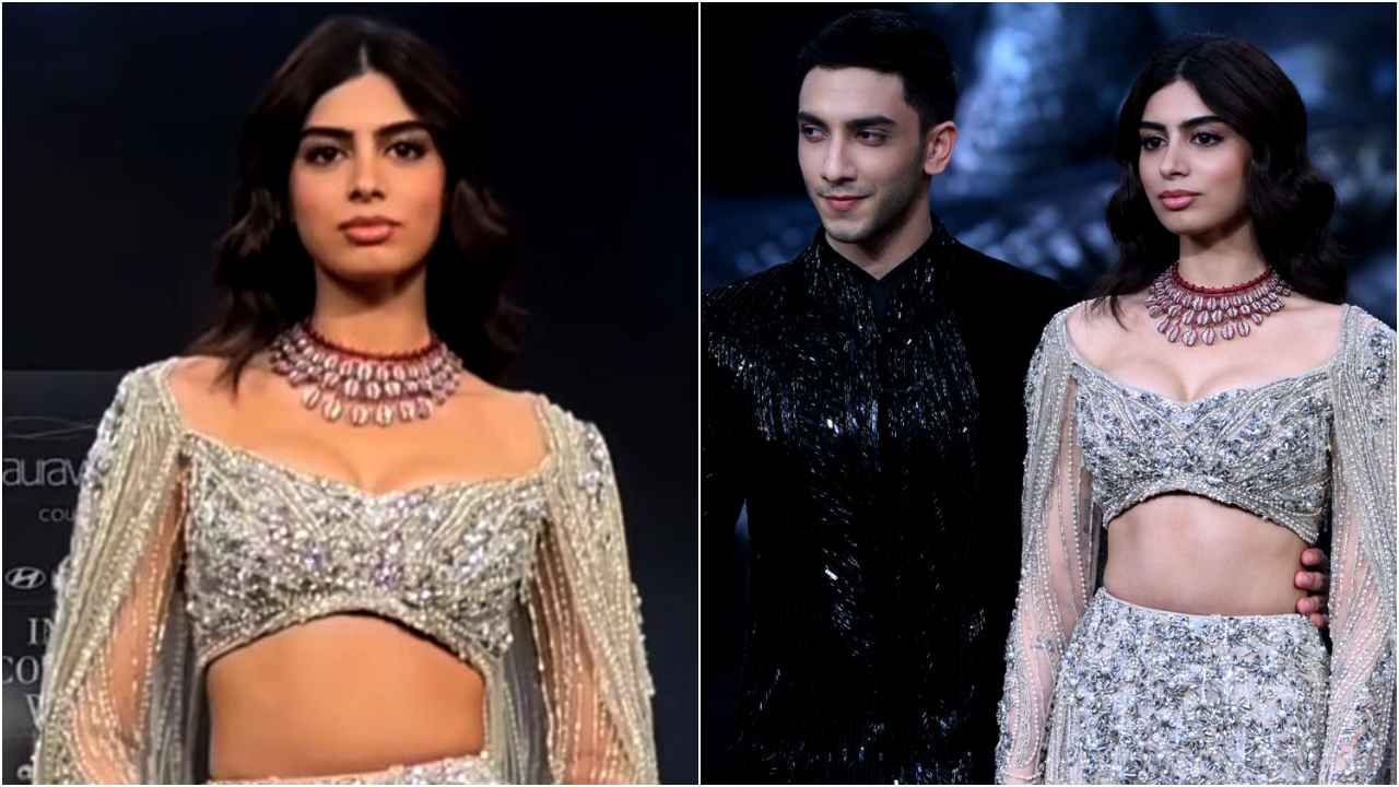 India Couture Week 2024: Khushi Kapoor turns showstopper in shimmery embroidered lehenga with sheer cape (PC: APH Images)