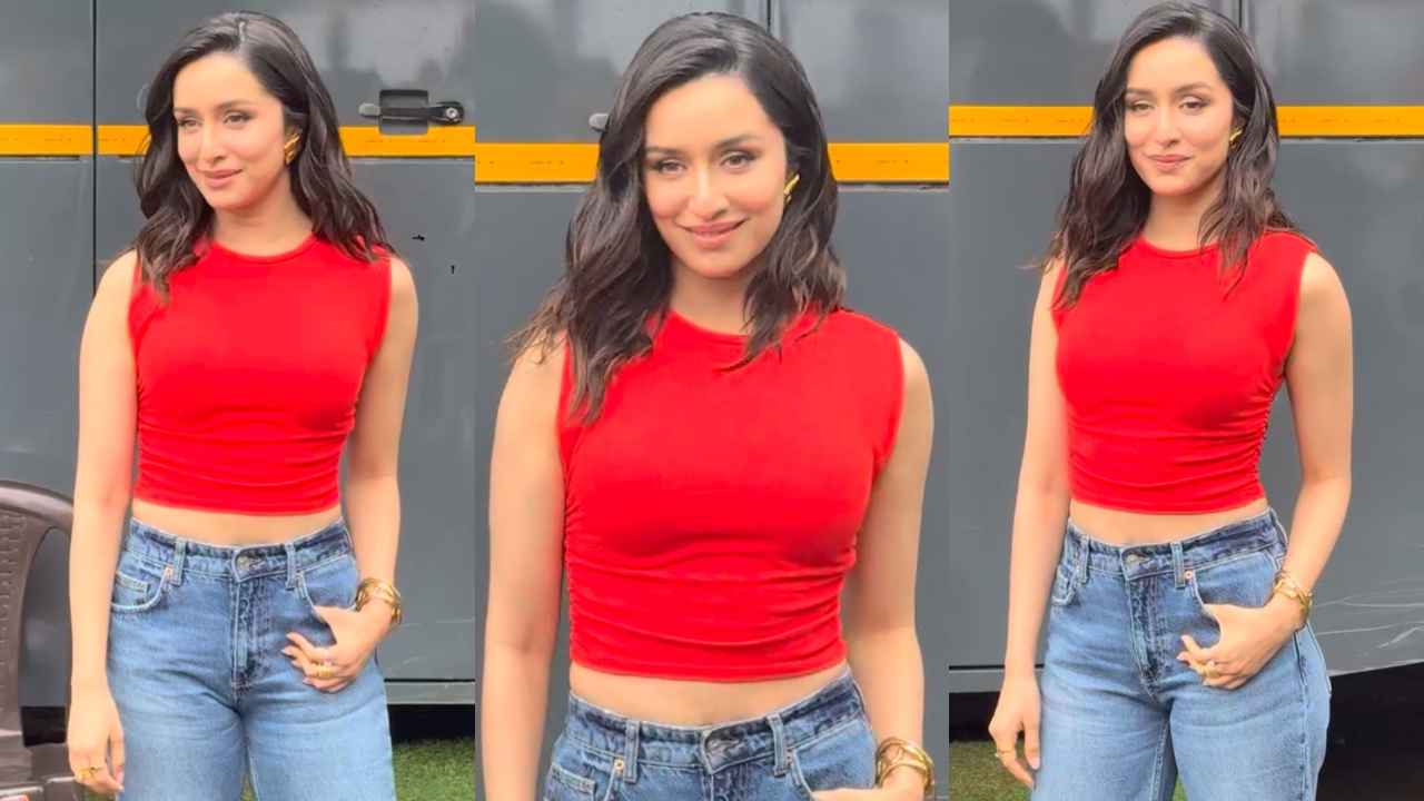 Shraddha Kapoor pairs sleeveless red crop top and wide-legged jeans with pumps for a radiant look (PC: Pinkvilla)