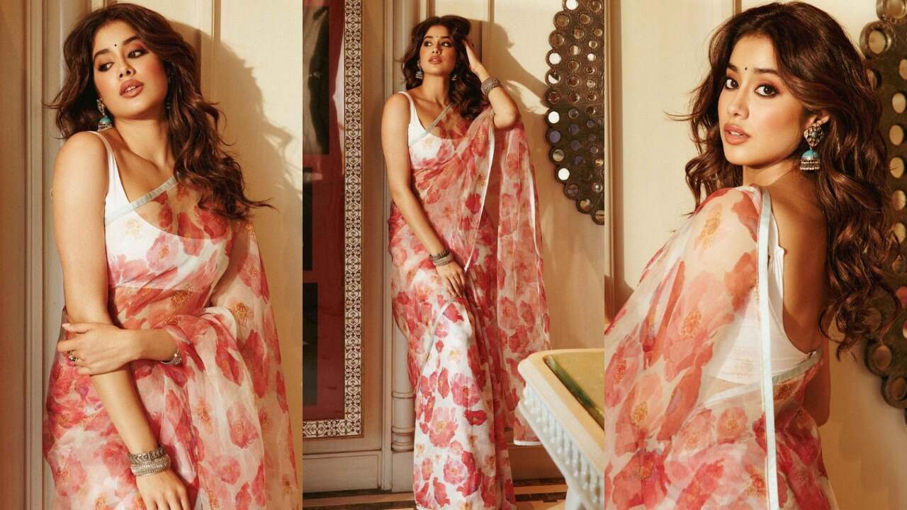 Janhvi Kapoor's floral organza saree look (PC: Prithvi Pictures, Janhvi Kapoor Instagram, Vaishnavi Vijayanand)