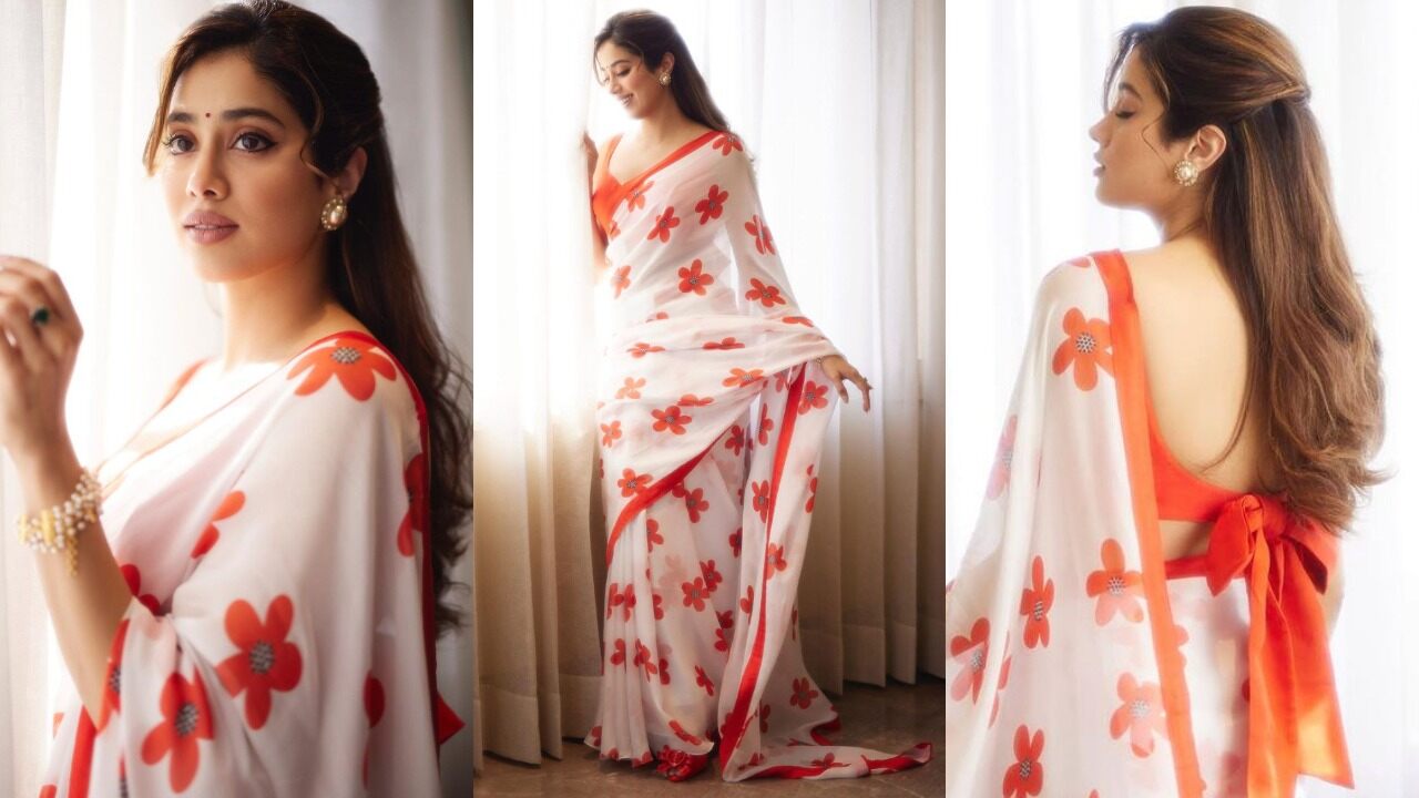 Janhvi Kapoor's white and orange floral saree look (PC: Prithvi Pictures, Janhvi Kapoor Instagram, Vaishnavi Vijayanand)