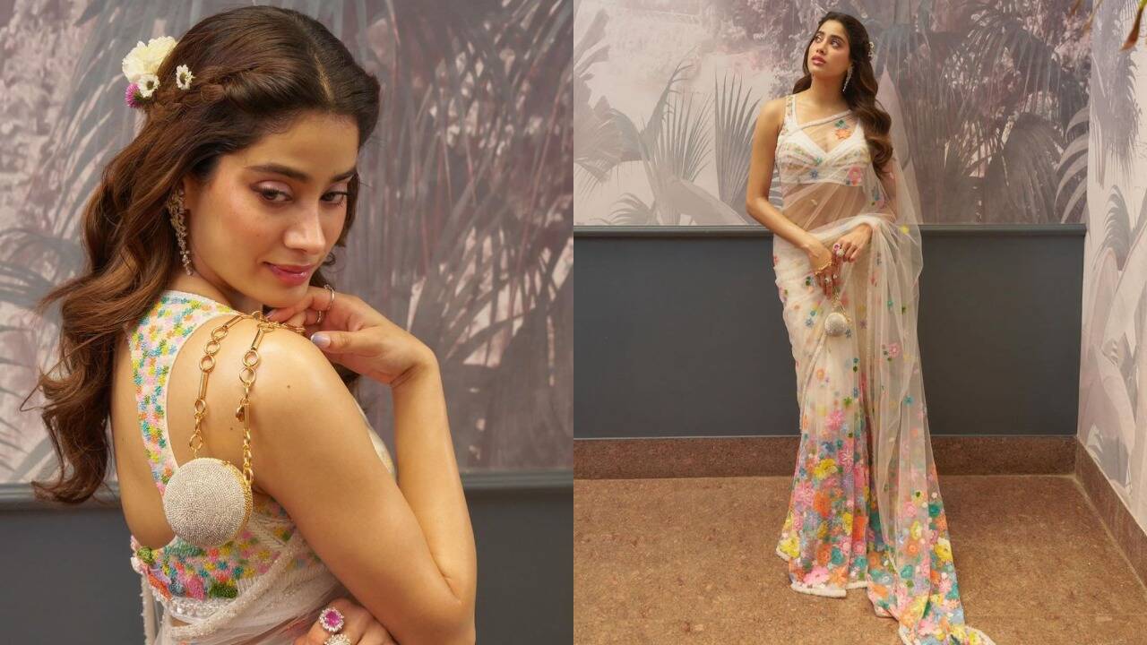 Janhvi Kapoor's white sheer floral saree look (PC: Prithvi Pictures, Janhvi Kapoor Instagram, Vaishnavi Vijayanand)