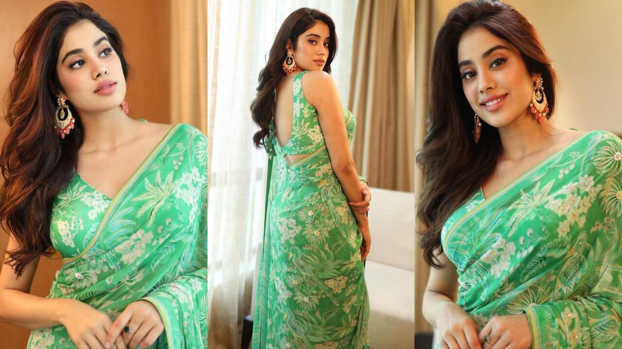 Janhvi Kapoor's green floral saree look (PC: Prithvi Pictures, Janhvi Kapoor Instagram, Vaishnavi Vijayanand)