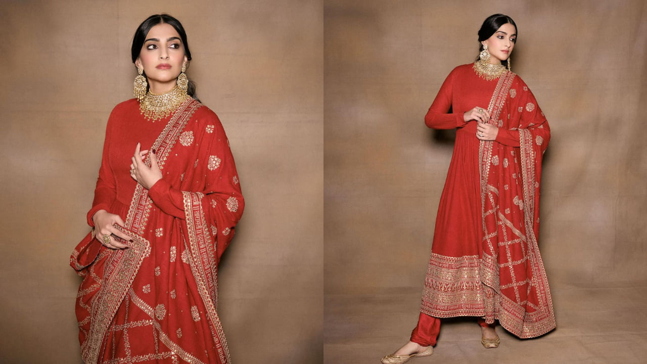 Sonam Kapoor in red and gold anarkali