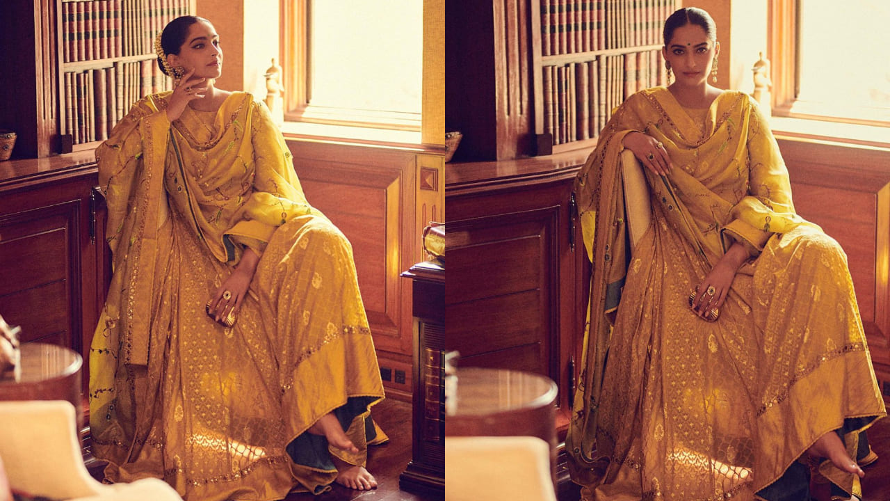 Sonam Kapoor in yellow and golden anarkali 