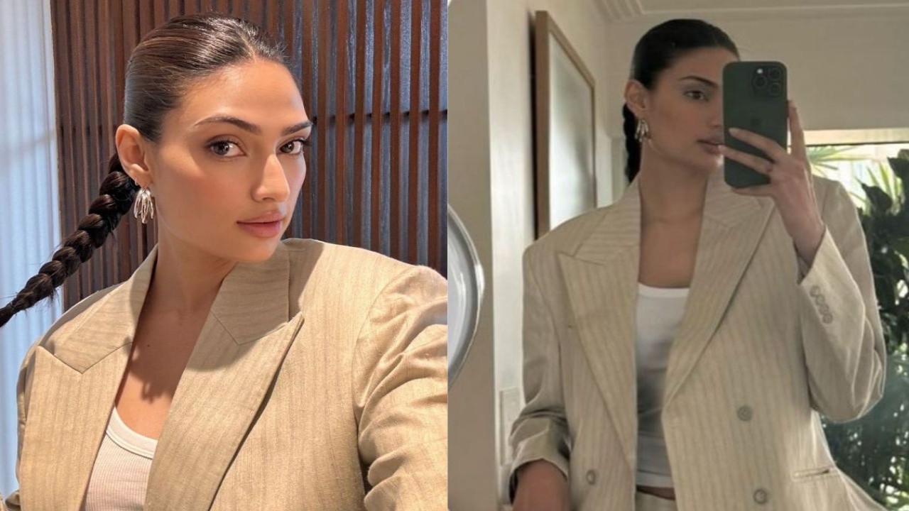 Athiya Shetty makes case for sustainable fashion in dad Suniel Shetty’s beige pantsuit (PC: Pinkvilla)