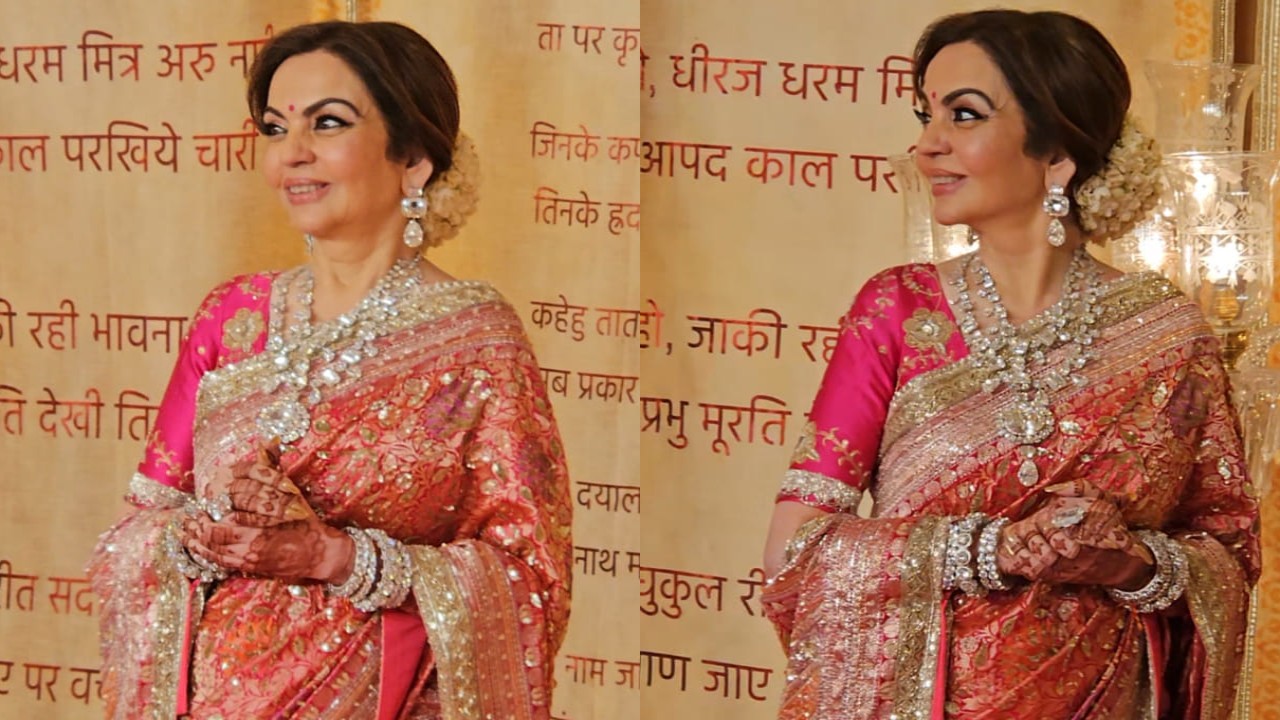 Anant Ambani-Radhika Merchant Mangal Utsav: Nita Ambani’s pink and orange Manish Malhotra saree paired with diamond jewelry spells royalty in every language