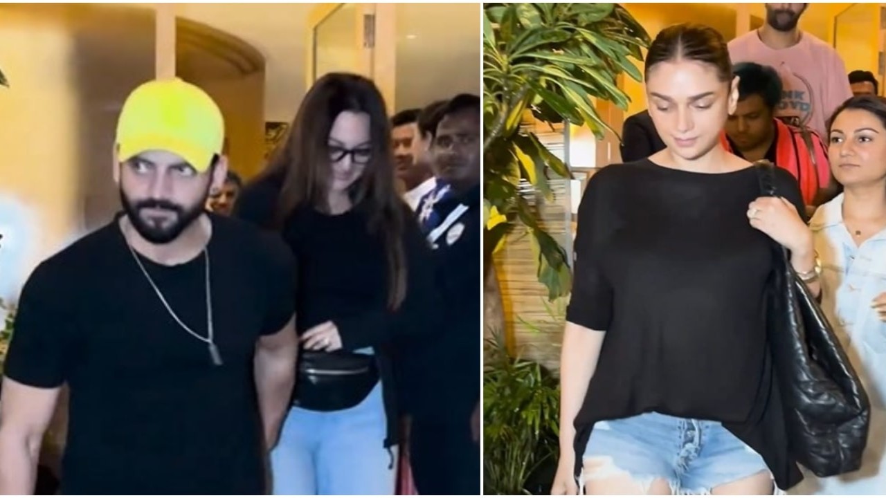 WATCH: Sonakshi Sinha-Zaheer Iqbal head out for dinner date to mark one month wedding anniversary; Aditi Rao Hydari joins