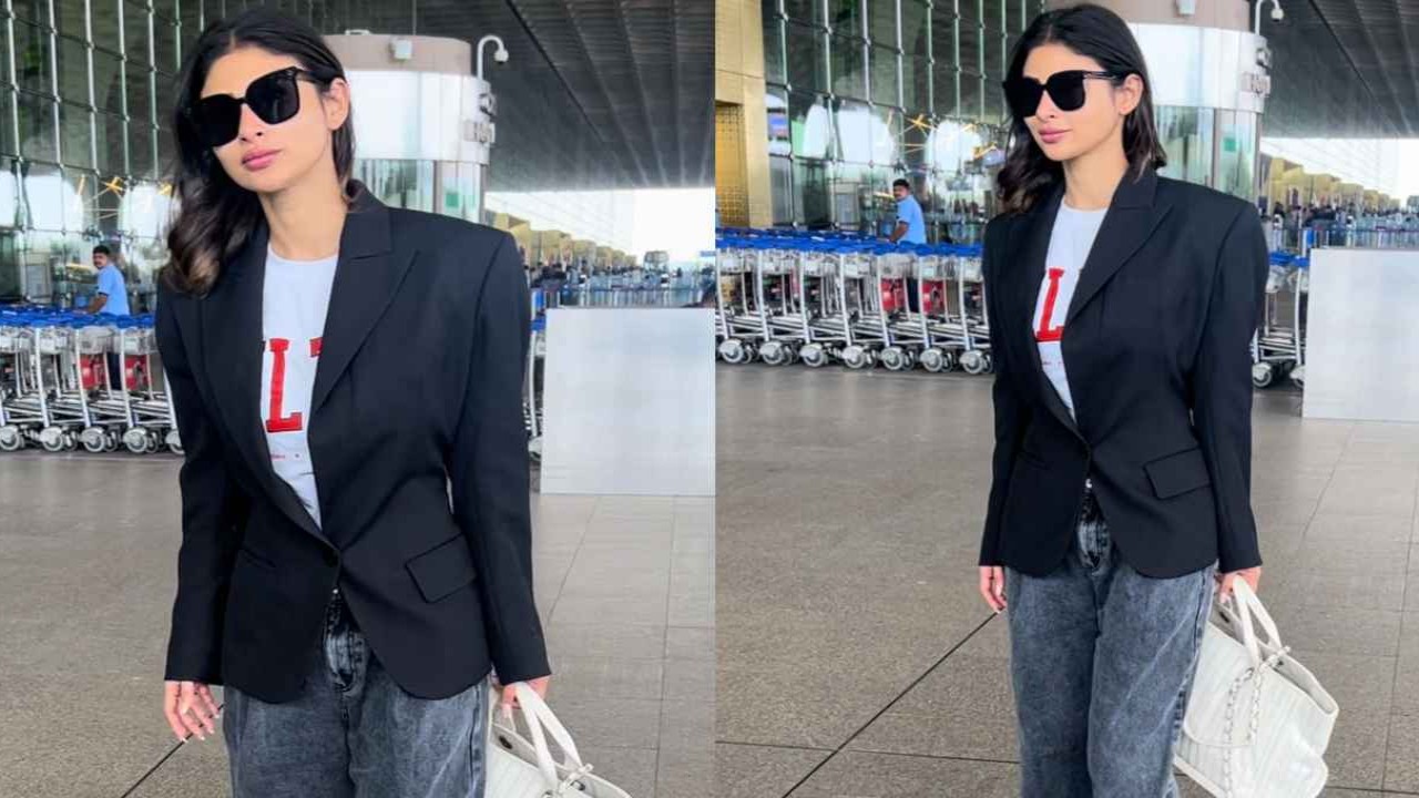 Mouni Roy makes a case for understated elegance in airport fit with black blazer, baggy jeans, and sneakers