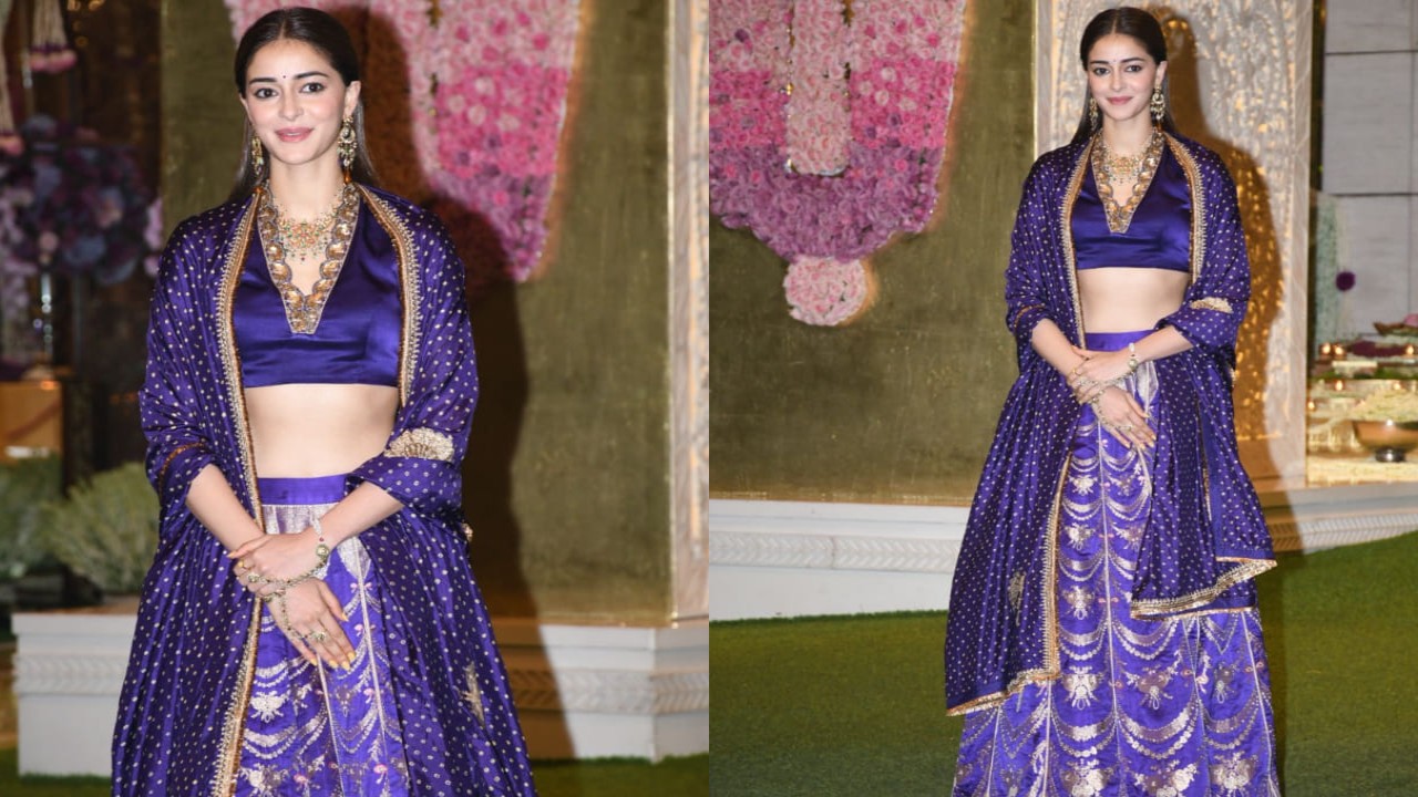 Ananya Panday in purple and golden wedding lehenga