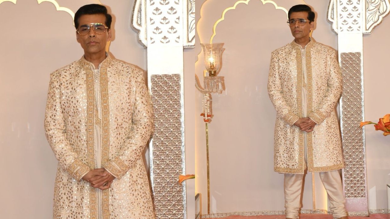 Karan Johar sports Abu Jani Sandeep Khosla ivory sherwani