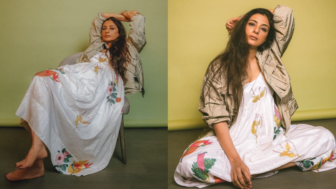 Tabu in white printed maxi dress with jacket is casual style done right ; Take notes