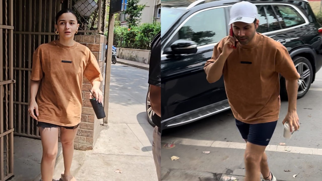 Alia Bhatt and Varun Dhawan in matching brown t-shirts