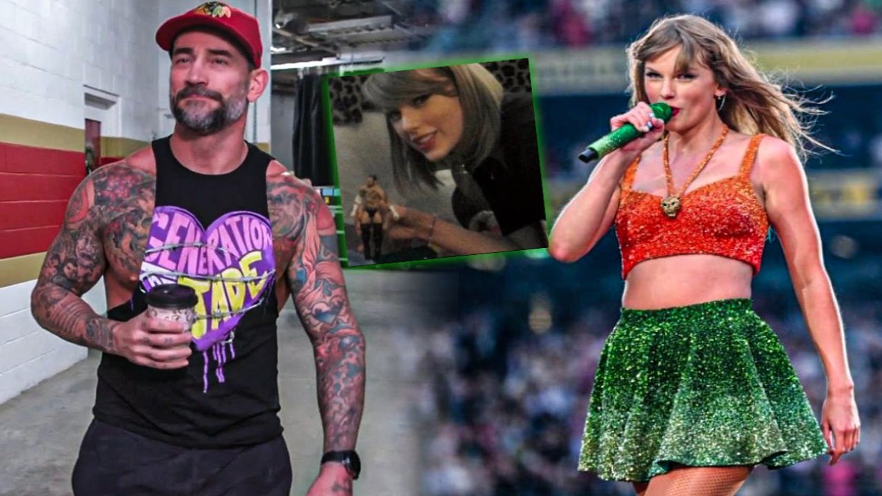 Taylor Swift (Credit: Getty Images) and WWE Twitter X (CM Punk before Monday Night Raw) 