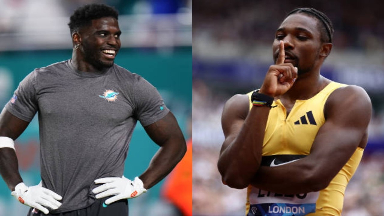  Tyreek Hill claims he can beat Olympic champion Noah Lyles in a 100m race. ]