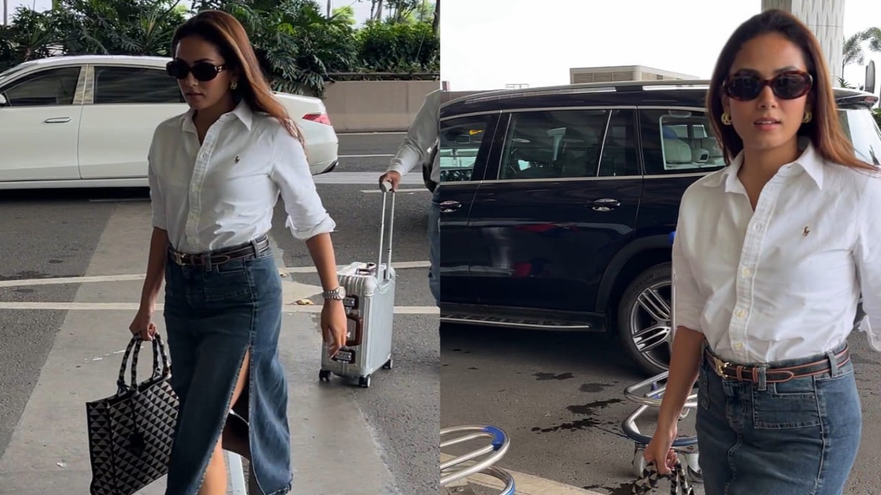 Mira Rajput in denim skirt and white shirt