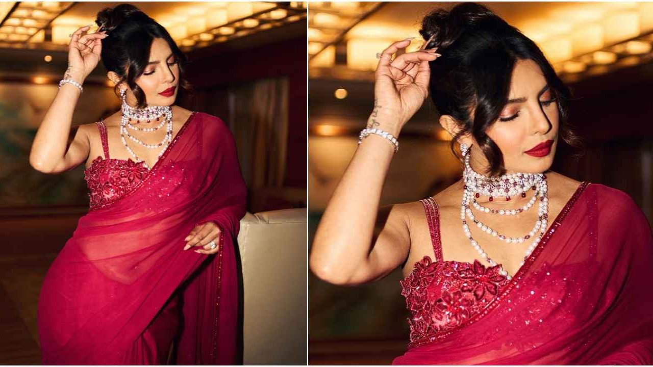 Priyanka Chopra Jonas, Saree, red saree, berry saree, Bulgari, manish makhotra, wedding season, ethnic look, ethnic wear, Style, Fashion