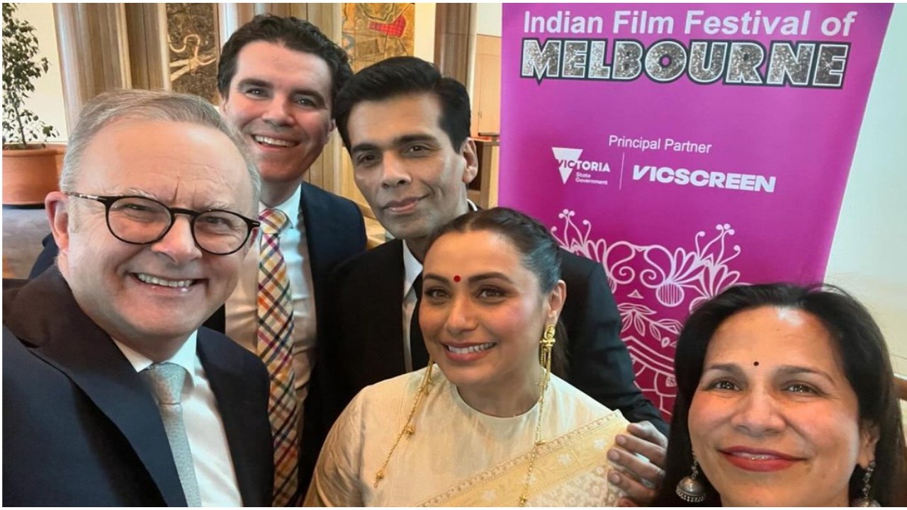 Rani Mukerji and Karan Johar pose for selfie alongside Australian PM at IFFM 2024; PICS