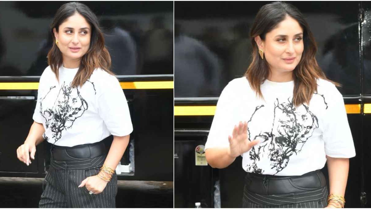 Kareena Kapoor Khan, Semi-Formal, quirky tee, graphic tee, striped pants, pinstriped pants, sexy, hot, Style, Fashion