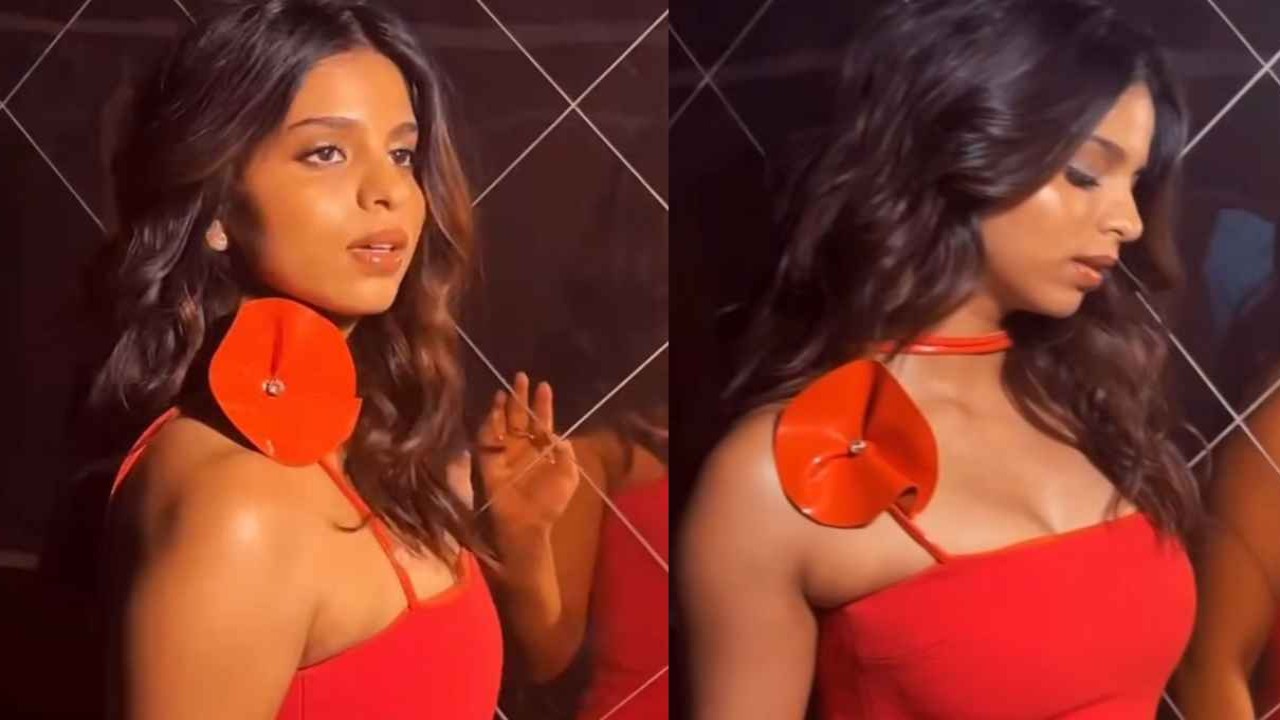 Suhana Khan sparkles with fiery flair in a fashionably fabulous red mini-dress with trendy leather twists