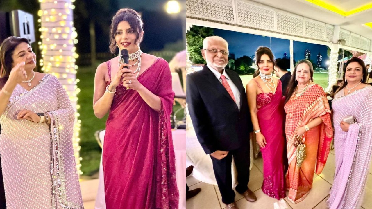 Priyanka Chopra channels her inner desi girl in burgundy saree at brother Siddharth’s wedding festivities; pose with mom and other family in INSIDE pics