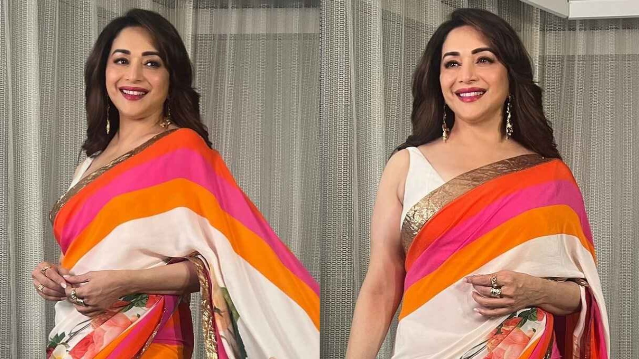 Style Spotlight: Madhuri Dixit in colorful floral saree look perfect for roka ceremonies