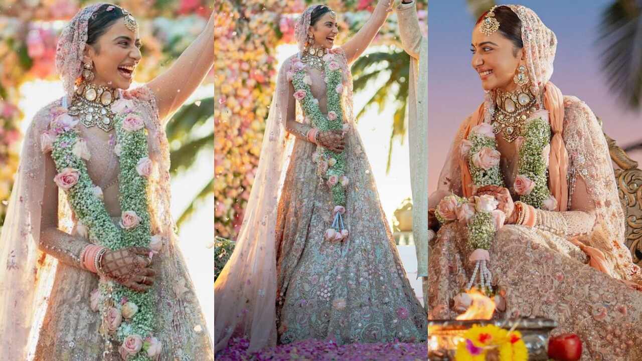 Rakul Preet Singh’s pink and ivory custom bridal lehenga by Tarun Tahilliani (PC: Rakul Preet Singh’s Instagram)