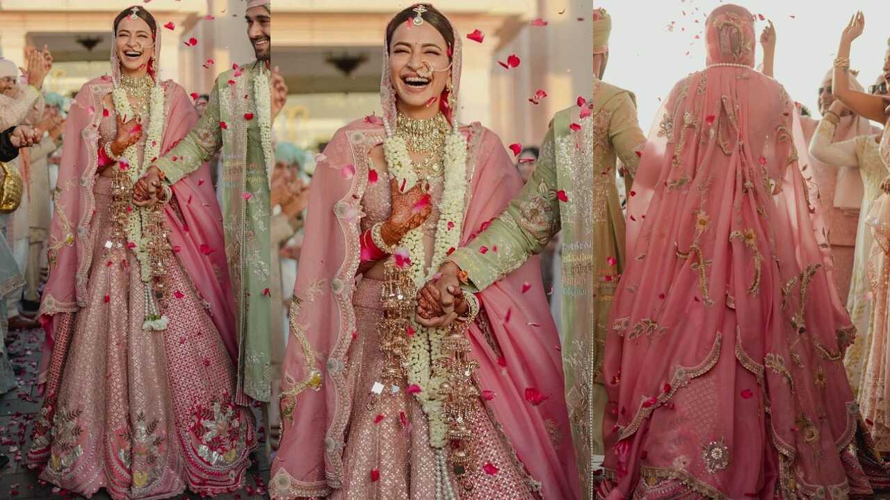 Kriti Kharbanda’s scallop-trimmed bridal lehenga by Anamika Khanna (PC: Instagram/kriti.kharbanda)