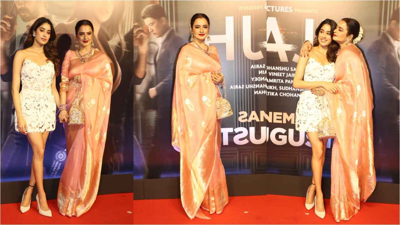 Rekha dons her trademark peach silk saree with gold potli bag for Janhvi Kapoor’s Ulajh screening (PC: APH images)