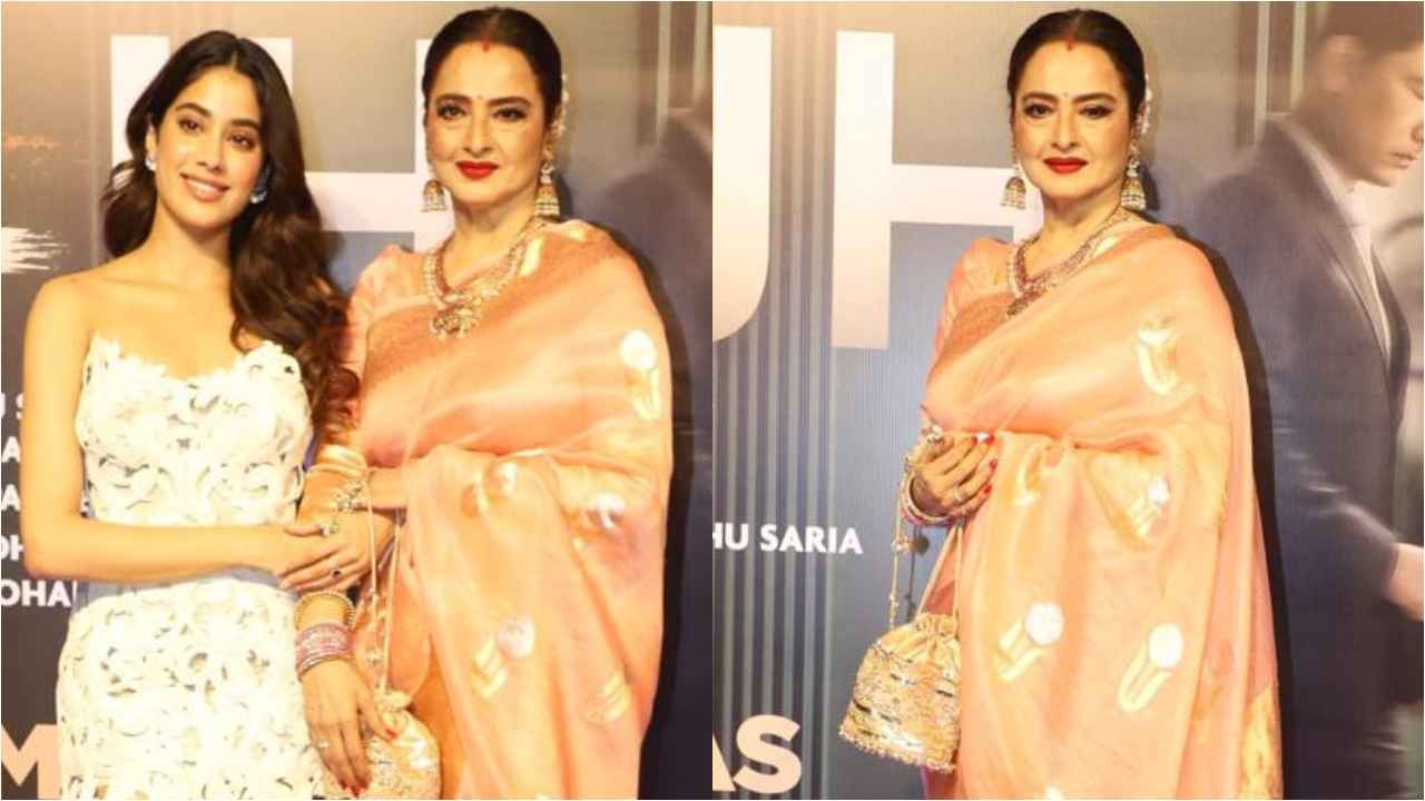 Rekha dons her trademark peach silk saree with gold potli bag for Janhvi Kapoor’s Ulajh screening (PC: APH images)