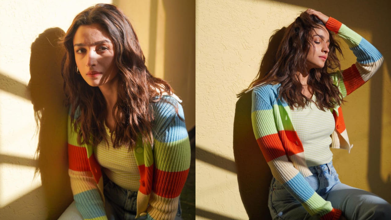 Alia Bhatt in multicolored striped cardigan