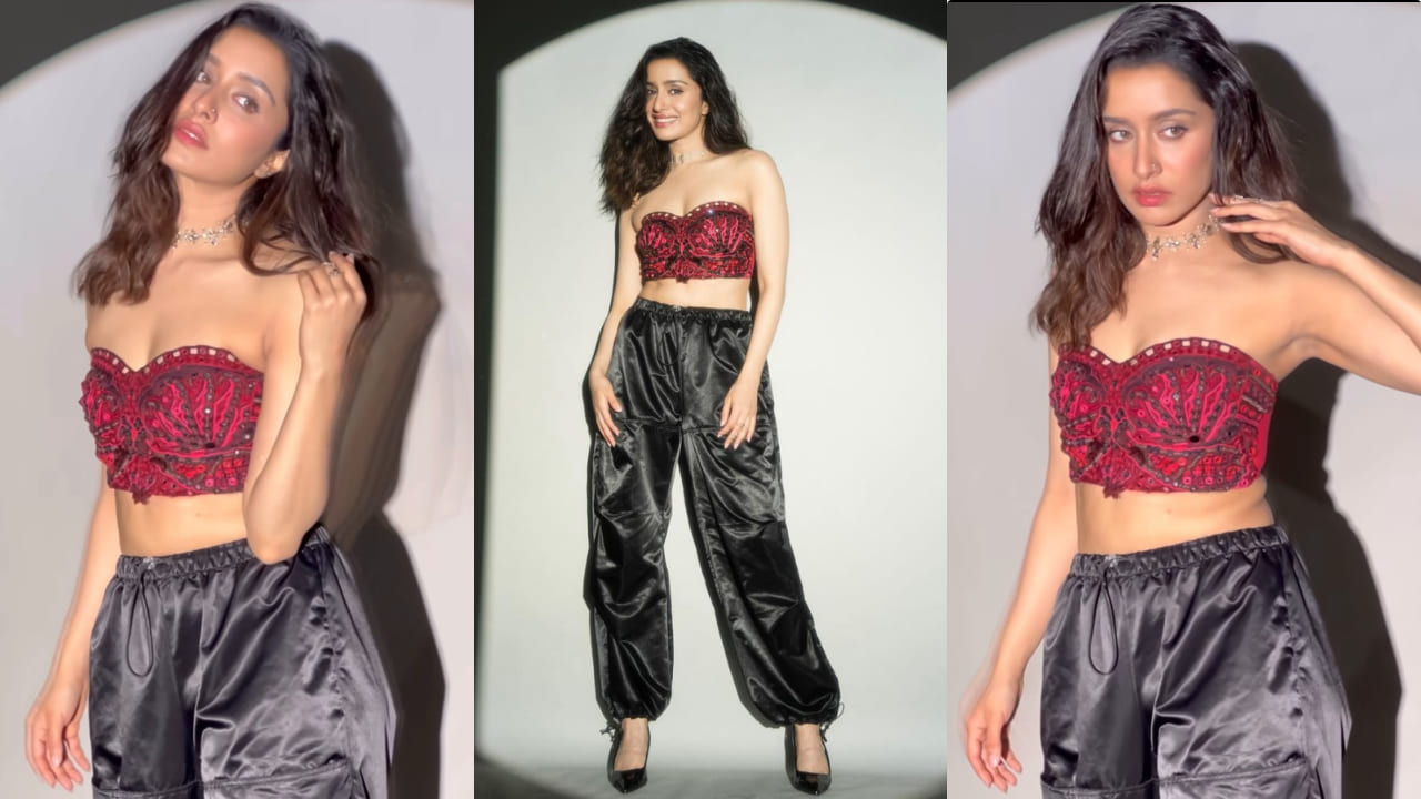 Shraddha Kapoor in red embroidered top and black trousers