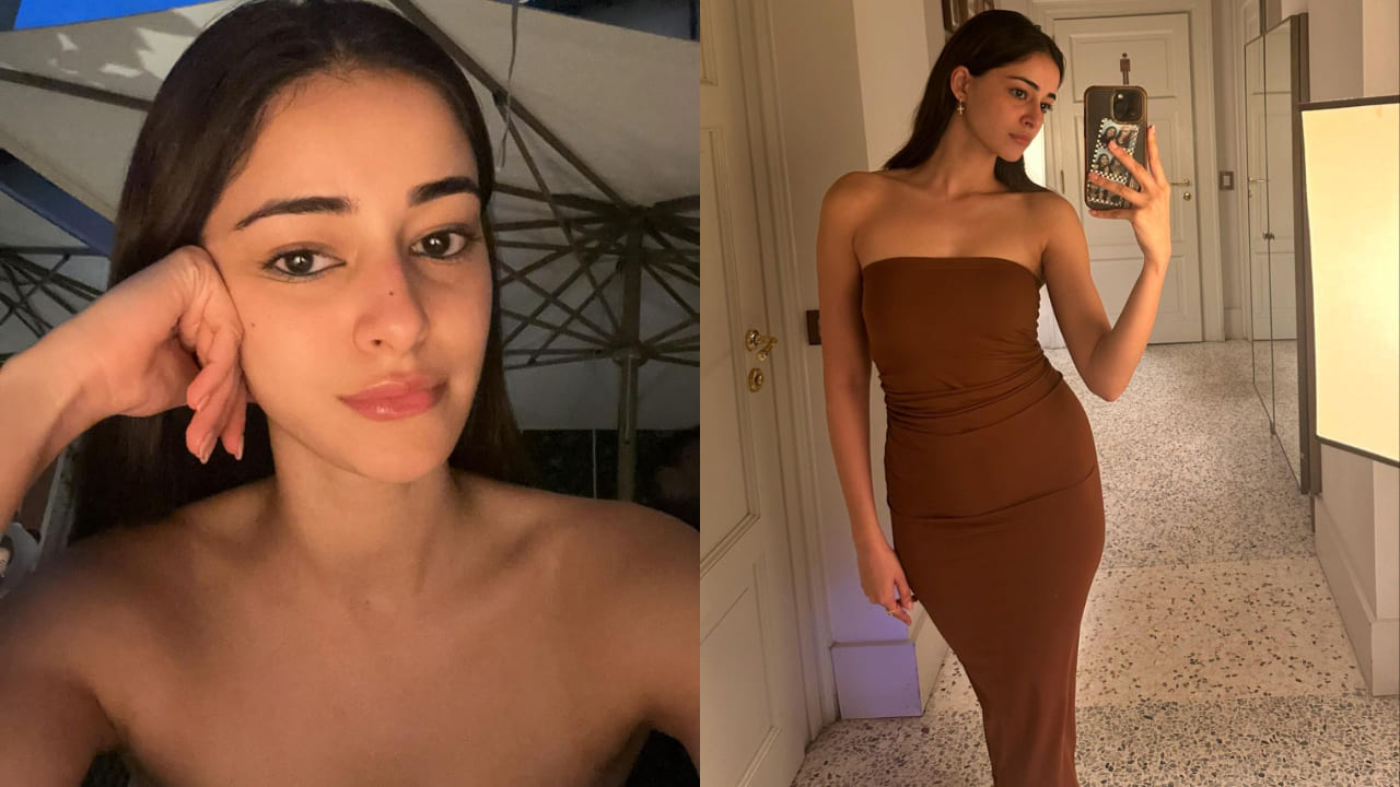 Ananya Panday in brown bodycon dress 