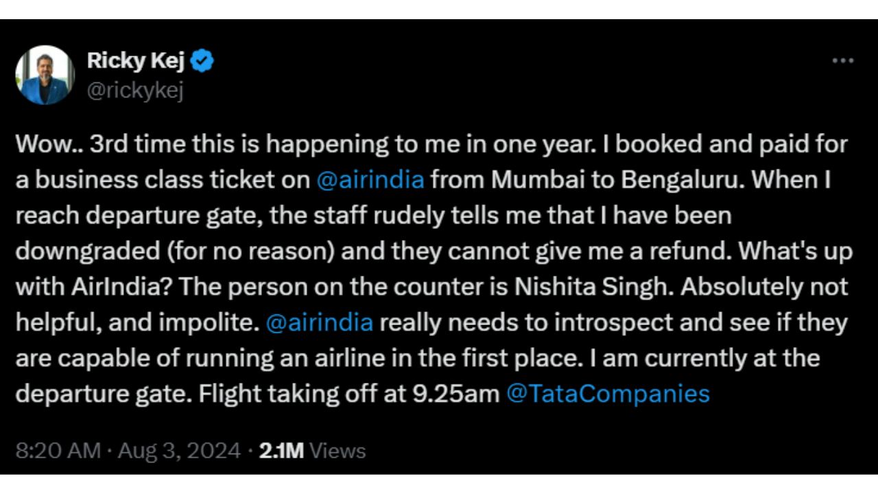 Three-time Grammy winner Ricky Kej calls out ‘absolutely criminal’ experience with Air India over ticket downgrade; Airline responds