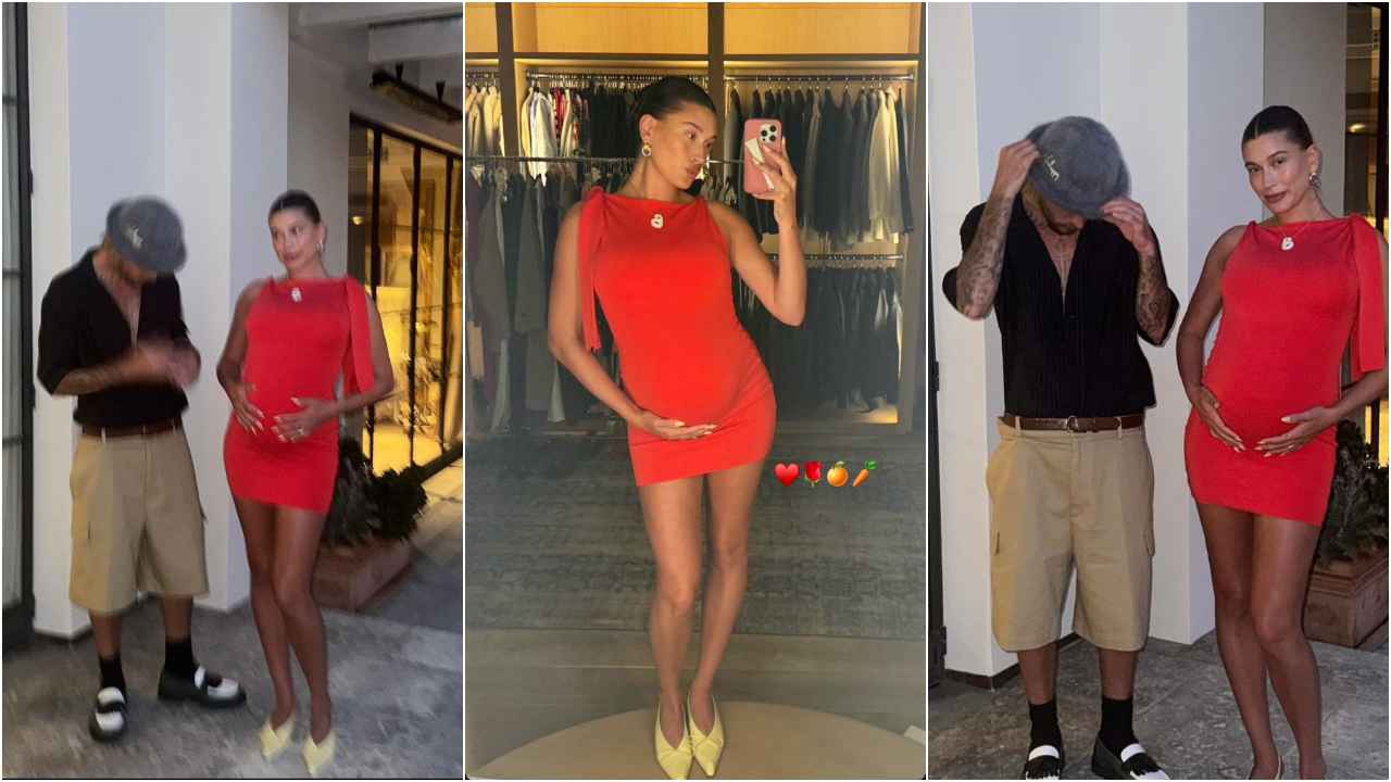 Mom-to-be Hailey Bieber keeps her maternity fashion fierce in Khy’s red mini-dress (PC: Justin Bieber Instagram, Hailey Bieber Intagram)