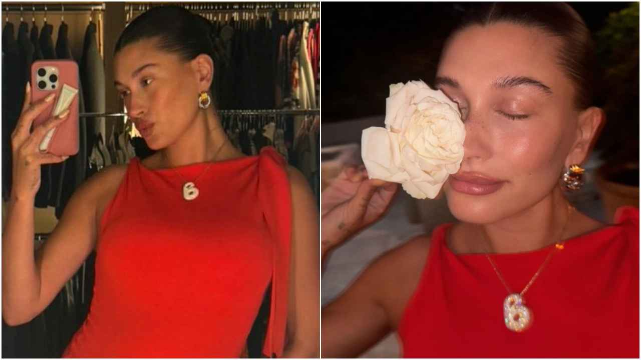 Mom-to-be Hailey Bieber keeps her maternity fashion fierce in Khy’s red mini-dress (PC: Justin Bieber Instagram, Hailey Bieber Intagram)