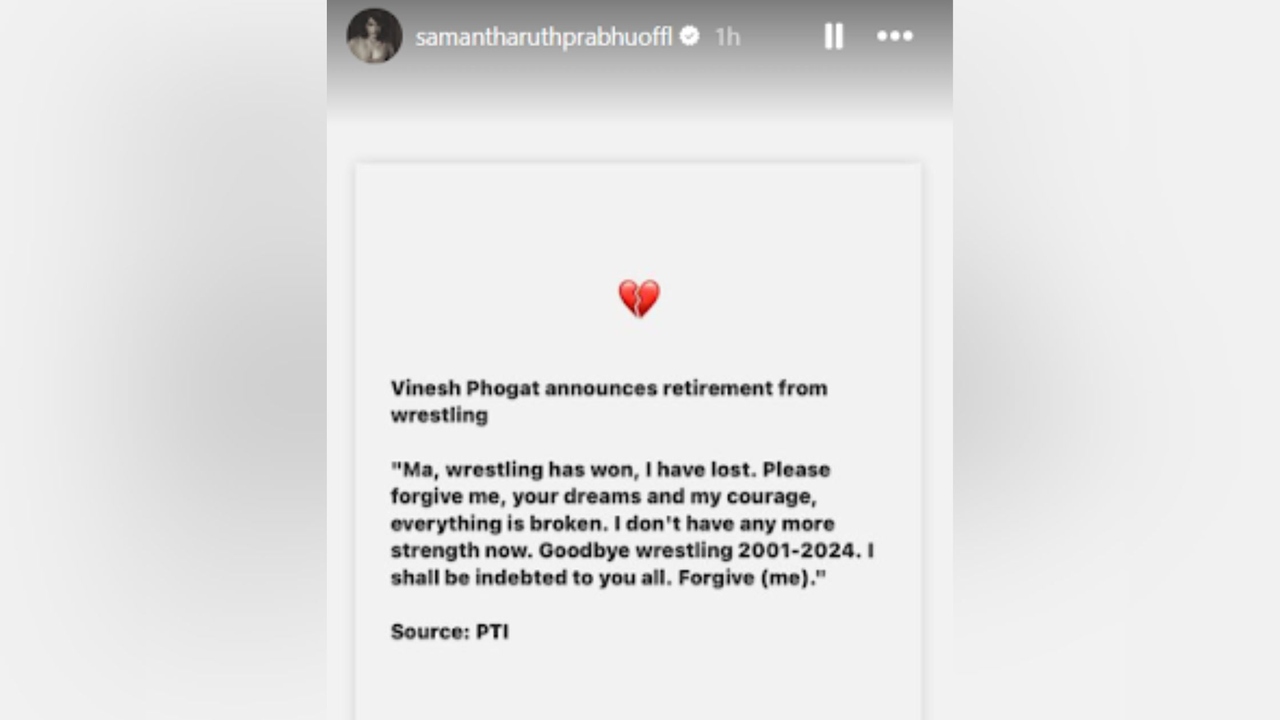 Samantha is heartbroken as Vinesh Phogat announces retirement from wrestling after being disqualified from Olympics 2024