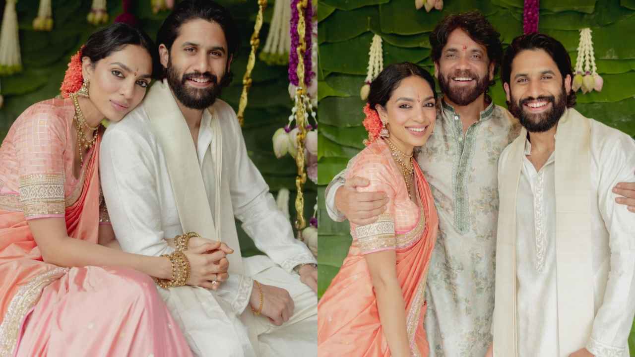 Sobhita Dhulipala serves traditional charm in Manish Malhotra’s embroidered coral saree for engagement with Naga Chaitanya (PC: Nagarjuna on X)