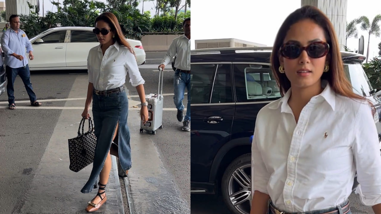 Mira Rajput in denim skirt and white shirt