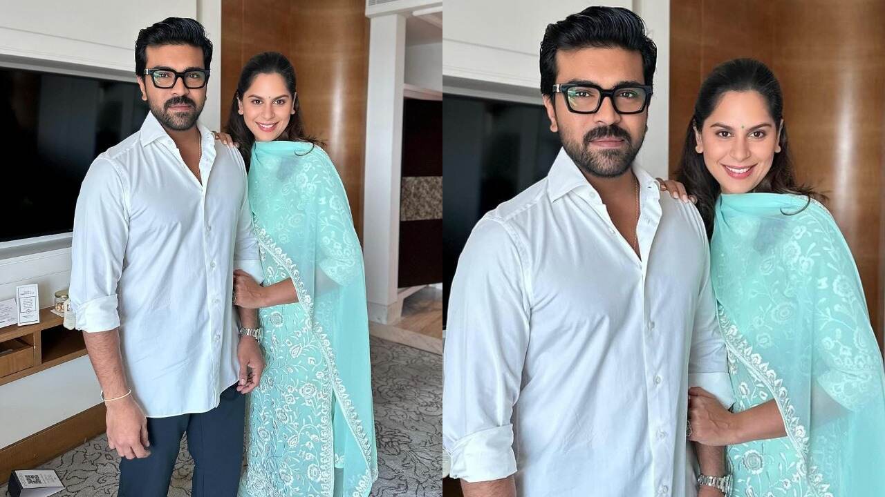 Ram Charan in white shirt and Upasana in chikankari suit (PC: Upasana Kamineni Konidela and Ram Charan's Instagram) 