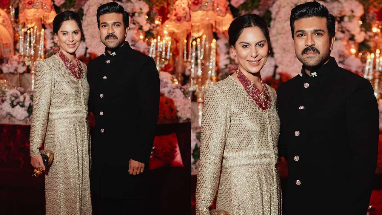 Ram Charan in bandhgala kurta, Upasana in a golden outfit (PC: Upasana Kamineni Konidela and Ram Charan's Instagram) 