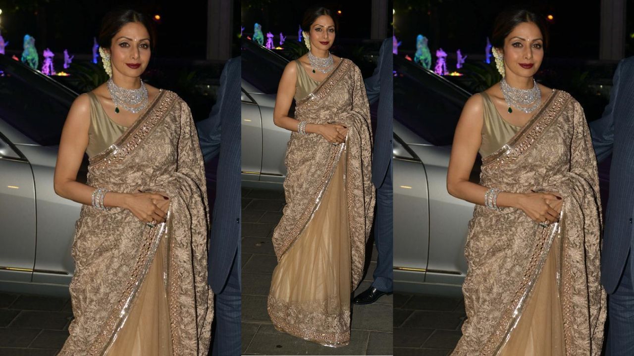 Sridevi’s beige net MM saree with diamond bijou (PC:  Getty Images)